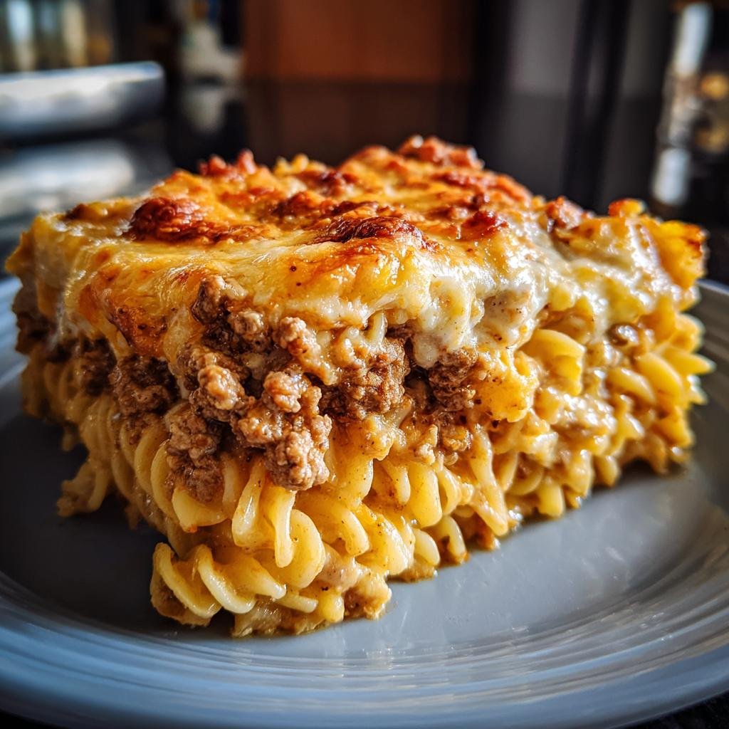 Close-up of Nudelauflauf mit Hackfleisch und Kürbis, a German noodle casserole with ground meat and pumpkin.
