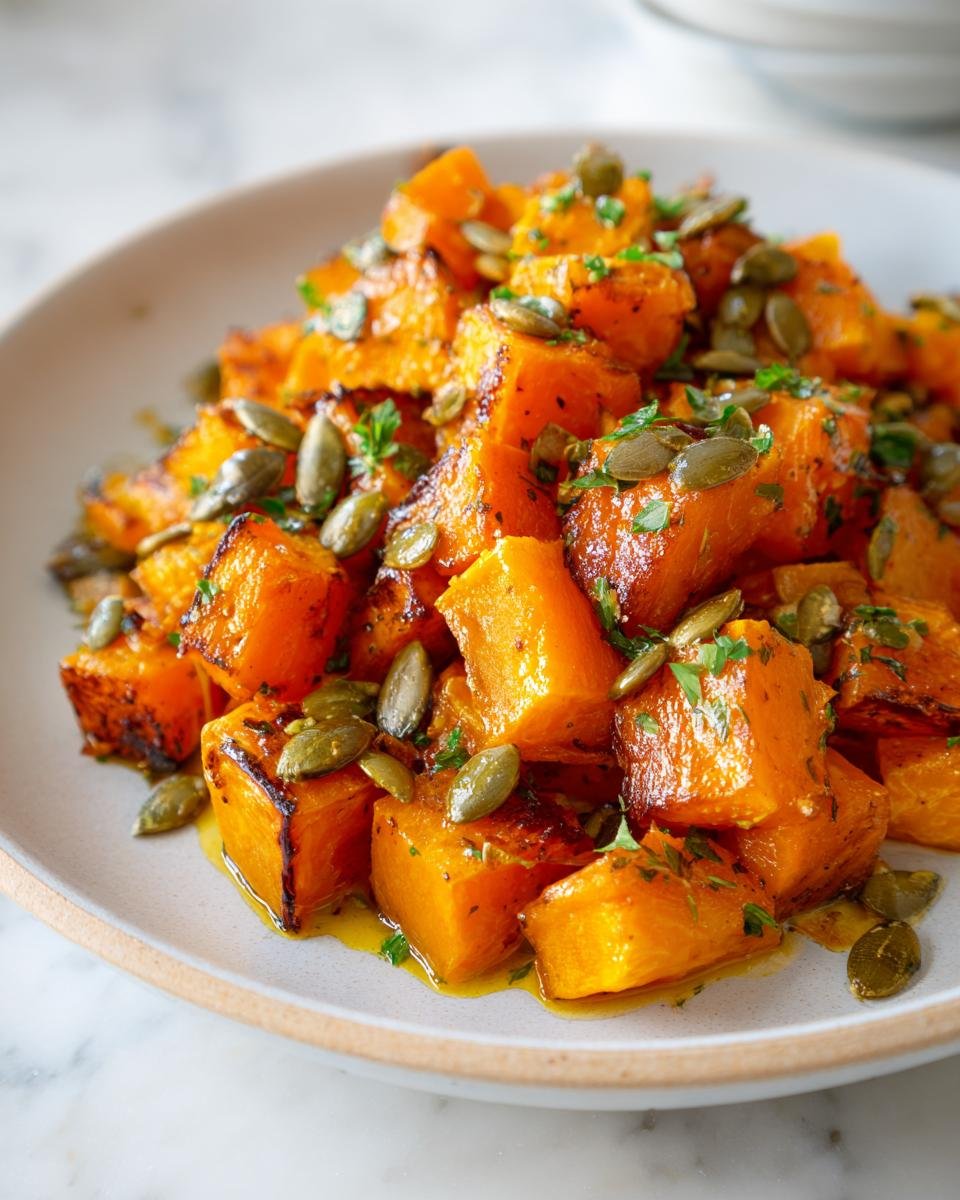 Close-up of roasted Ofenkürbis (pumpkin) cubes, garnished with pumpkin seeds and herbs on a plate.