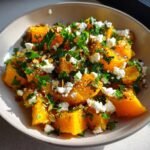 Close-up of Ofenkürbis mit Feta in a bowl, garnished with parsley and pumpkin seeds.