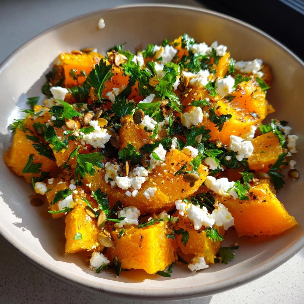 Close-up of Ofenkürbis mit Feta in a bowl, garnished with parsley and pumpkin seeds.