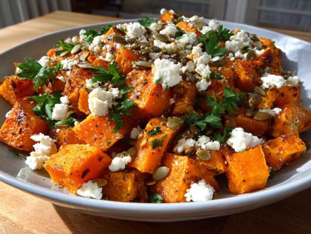Close-up of Ofenkürbis mit Feta, featuring roasted pumpkin, feta cheese, and pumpkin seeds.