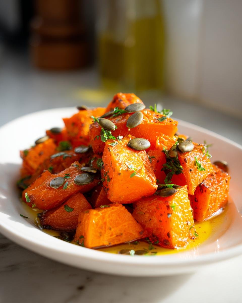 Close-up of roasted Ofenkürbis (pumpkin) cubes with pumpkin seeds and fresh herbs on a white plate.