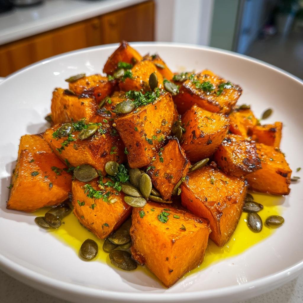 Close-up of Ofenkürbis (roasted pumpkin) cubes with pumpkin seeds and herbs on a white plate.