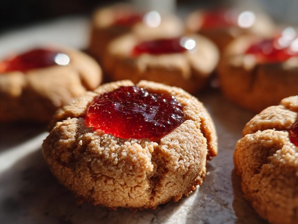 Close-up of Omas Engelsaugen Plätzchen, a German cookie with a jam filling.