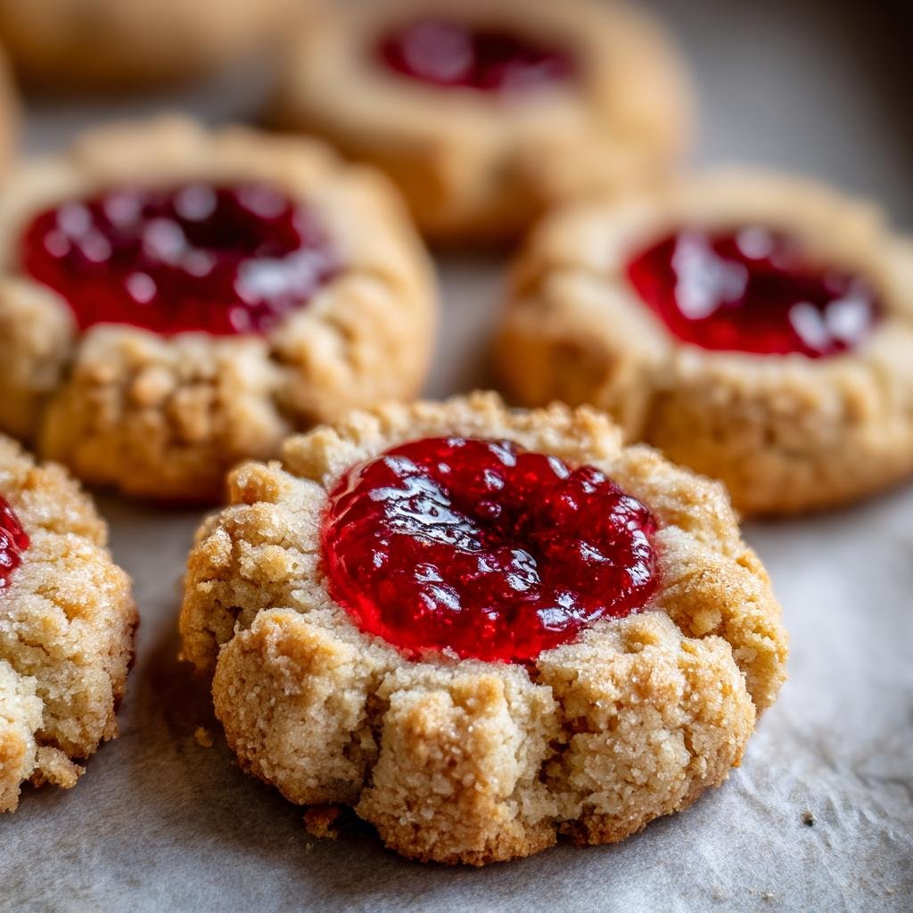 Close-up of Omas Engelsaugen Plätzchen, a German cookie with a red jam filling.