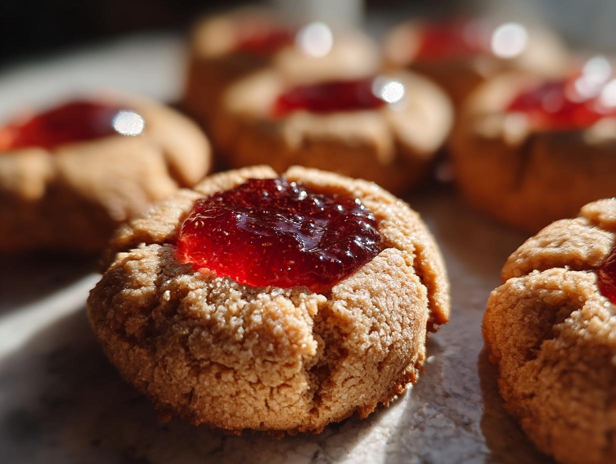 Close-up of Omas Engelsaugen Plätzchen, a German cookie with a jam filling.