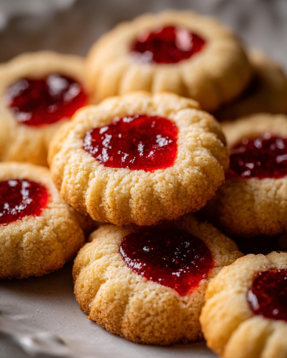 Close-up of Omas Engelsaugen Rezept, traditional German cookies filled with bright red jam.