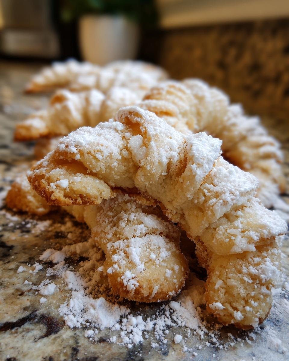 Close-up of Omas Vanillekipferl cookies dusted with powdered sugar on a marble surface.