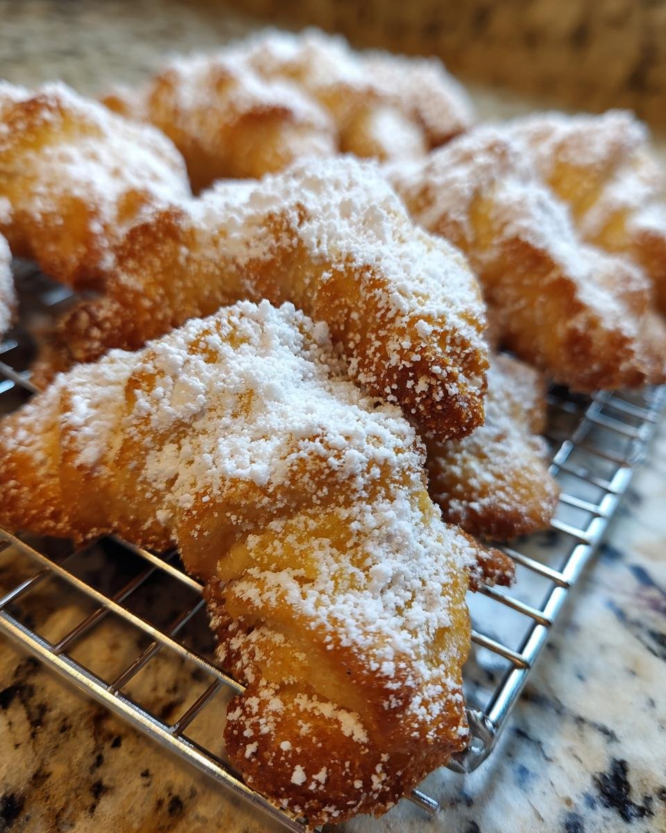 Close-up of Omas Vanillekipferl cookies dusted with powdered sugar on a cooling rack.