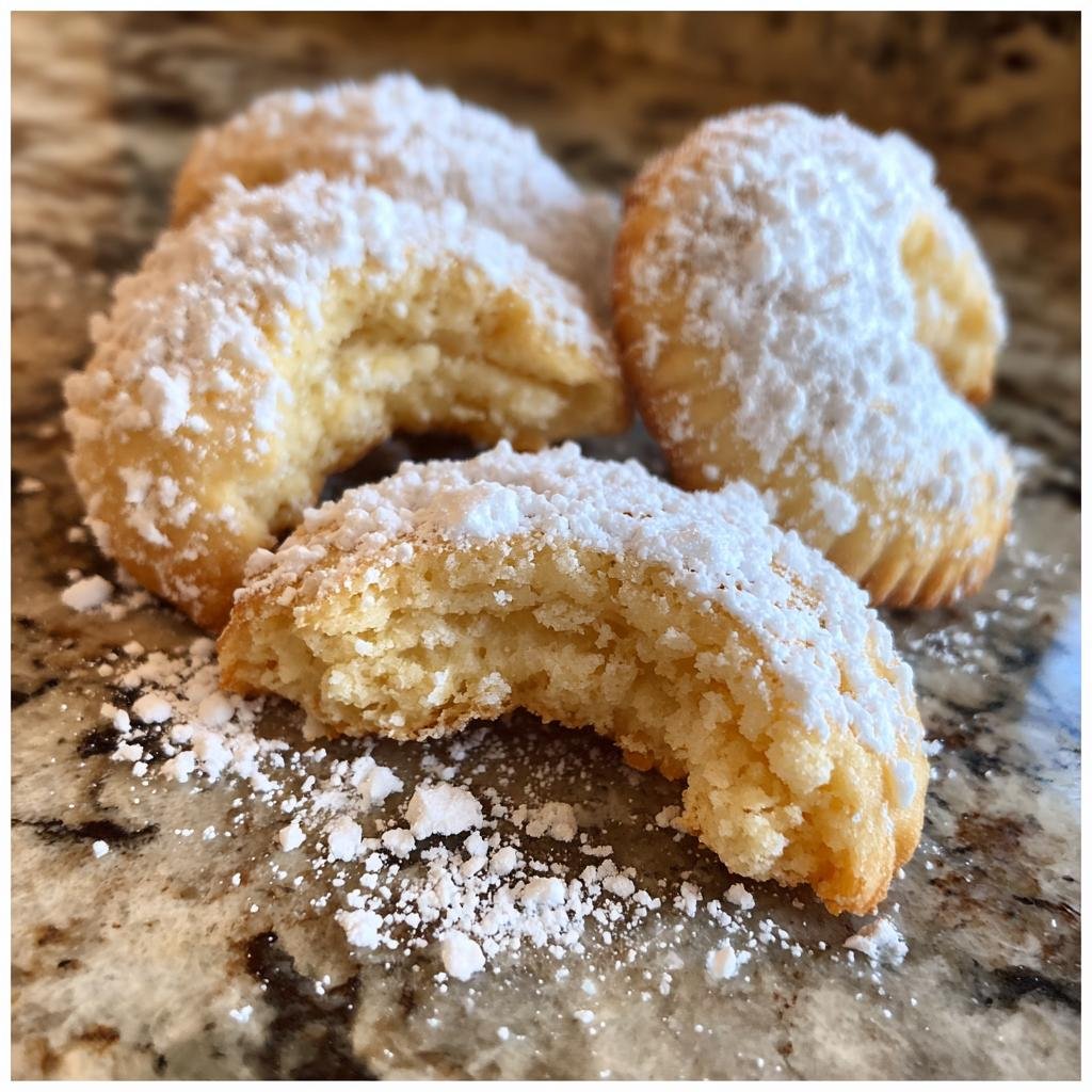 Close-up of Omas Vanillekipferl, a German vanilla crescent cookie, generously dusted with powdered sugar.