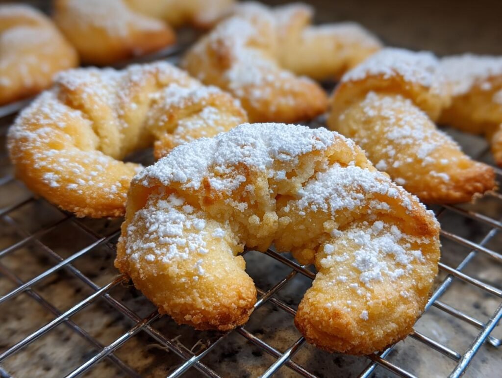 Close-up of Omas Vanillekipferl cookies dusted with powdered sugar on a wire rack.