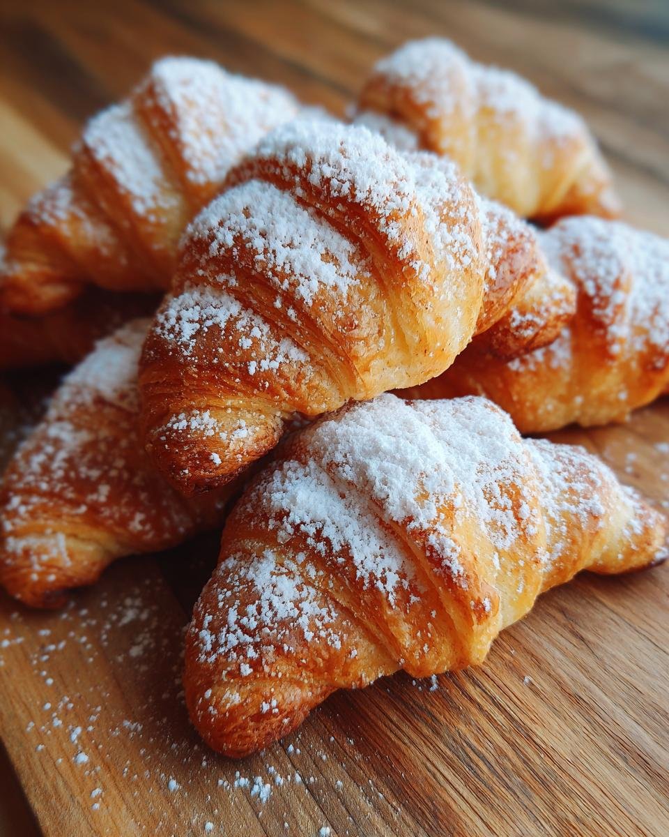 Close-up of several Omas Vanillekipferl cookies dusted with powdered sugar on a wooden board.