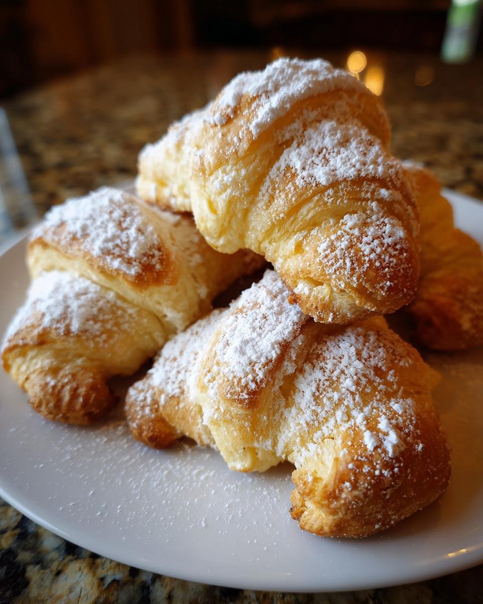A plate of golden Omas Vanillekipferl cookies, generously dusted with powdered sugar.
