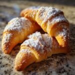 Close-up of several Omas Vanillekipferl-Rezept cookies, generously dusted with powdered sugar, on a marble surface.