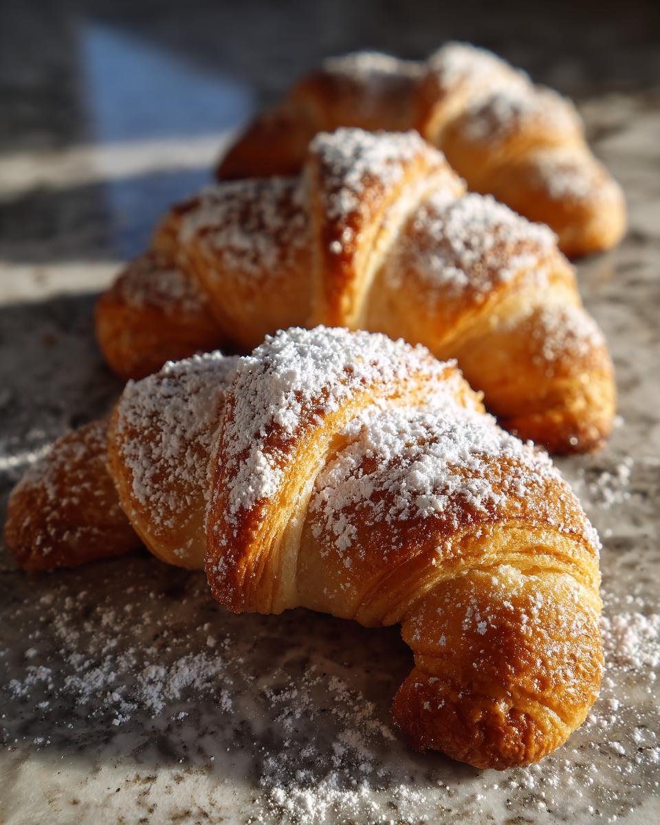 Close-up of Omas Vanillekipferl-Rezept crescent cookies dusted with powdered sugar on a marble surface.