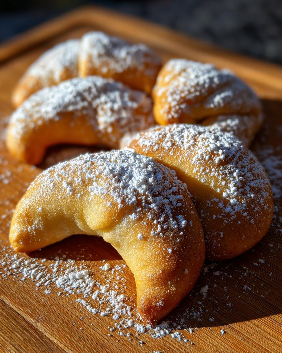 Close-up of Omas Vanillekipferl-Rezept cookies dusted with powdered sugar on a wooden board.