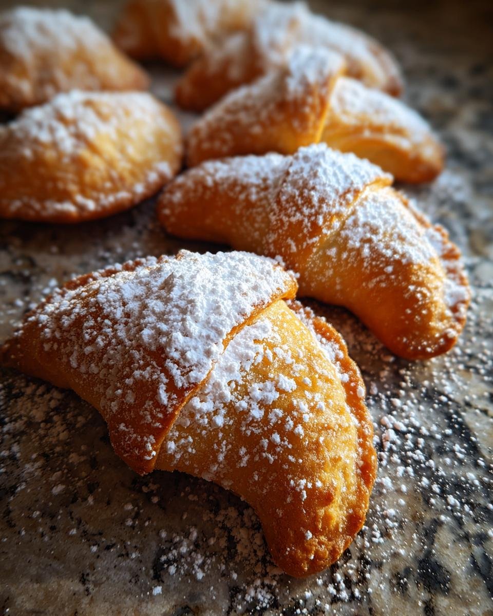 Close-up of Omas Vanillekipferl-Rezept cookies dusted with powdered sugar on a marble surface.