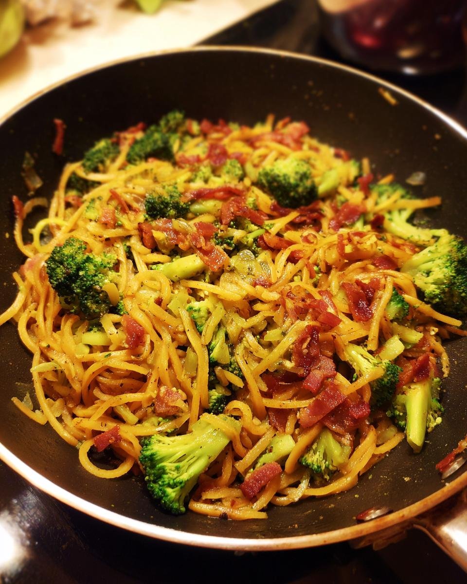 A pan of OnePan Brokkoli Schupfnudeln with broccoli florets and crispy bacon pieces.