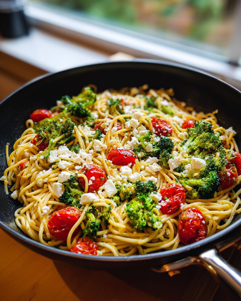 A pan of Onepan Brokkoli Schupfnudeln mit Hirtenkäse und Tomaten, featuring pasta, broccoli, tomatoes, and feta.