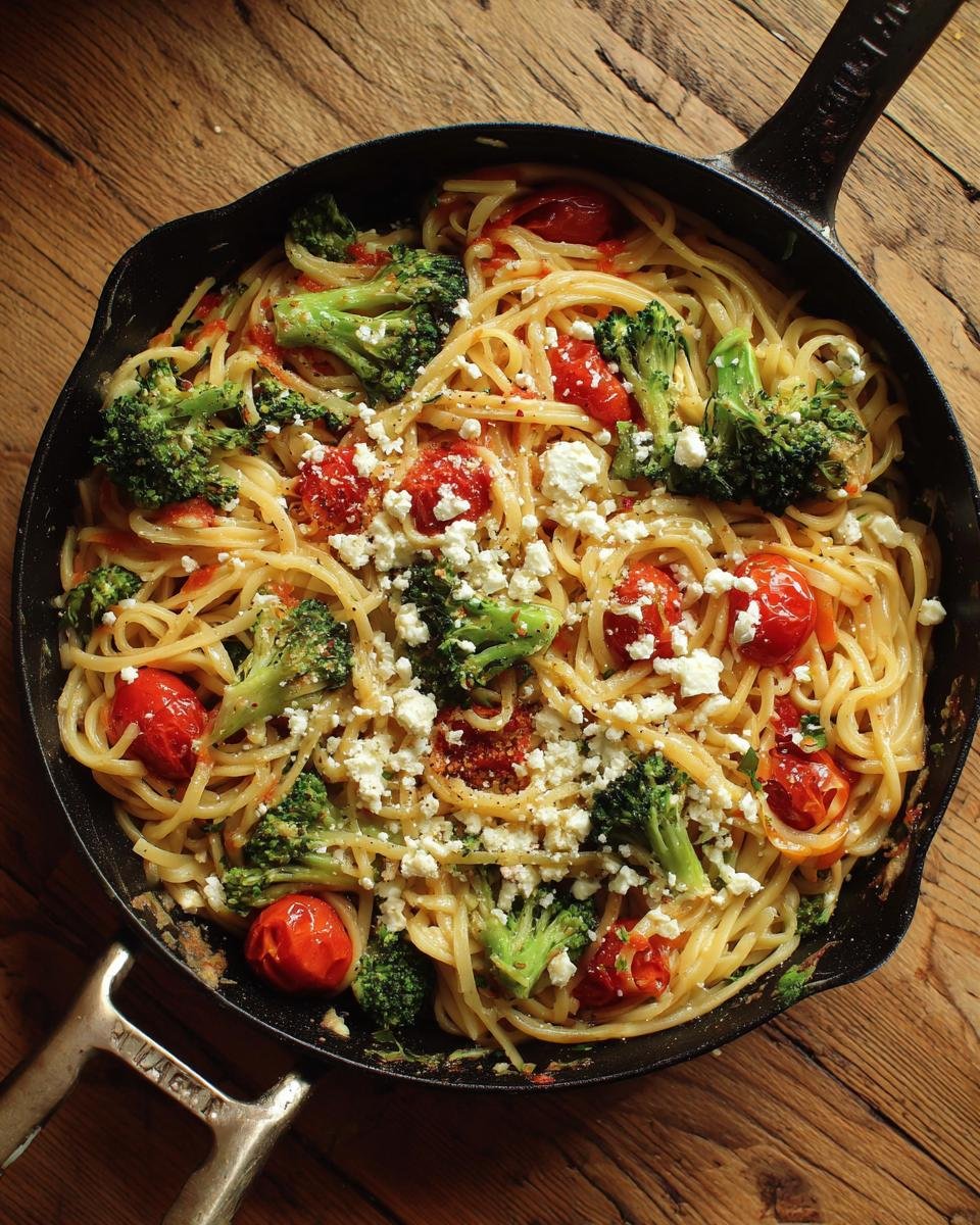 Overhead shot of Onepan Brokkoli Schupfnudeln mit Hirtenkäse und Tomaten in a skillet.