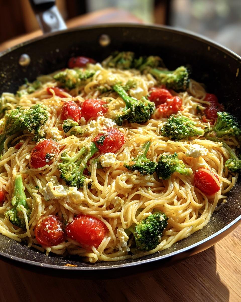 A pan of Onepan Brokkoli Schupfnudeln mit Hirtenkäse und Tomaten, featuring pasta, broccoli, tomatoes, and feta cheese.