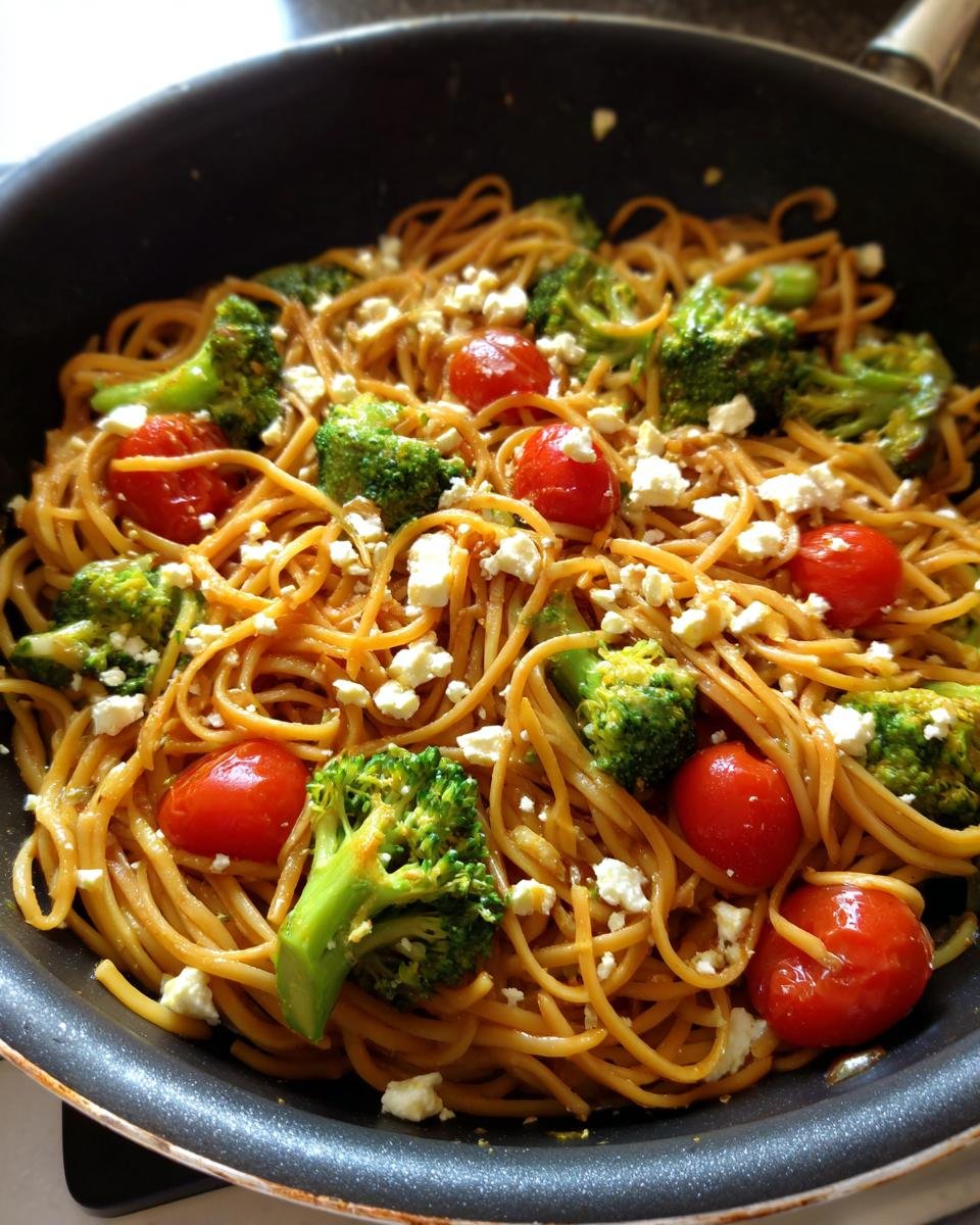 Onepan Brokkoli Schupfnudeln mit Hirtenkäse und Tomaten in einer Pfanne, servierfertig.