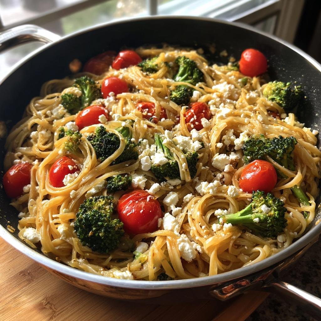 A pan of Onepan Brokkoli Schupfnudeln mit Hirtenkäse und Tomaten, ready to serve.