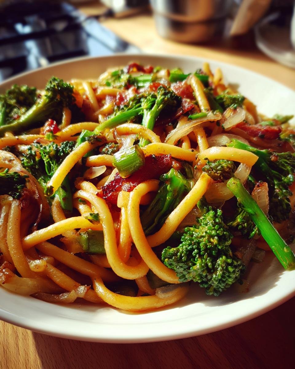A plate of OnePan Brokkoli Schupfnudeln with broccoli, onions, and bacon pieces, ready to eat.