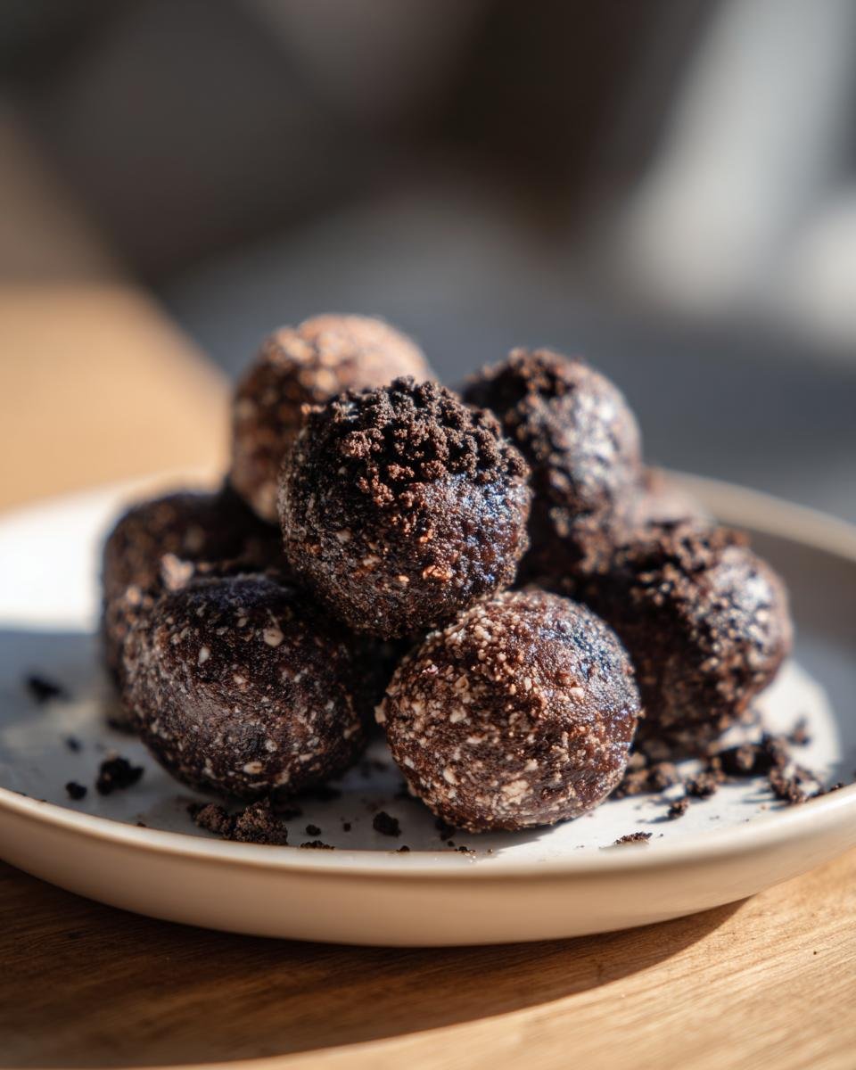 A plate of delicious Oreo-Frischkäse-Protein-Bällchen, a quick and easy treat.