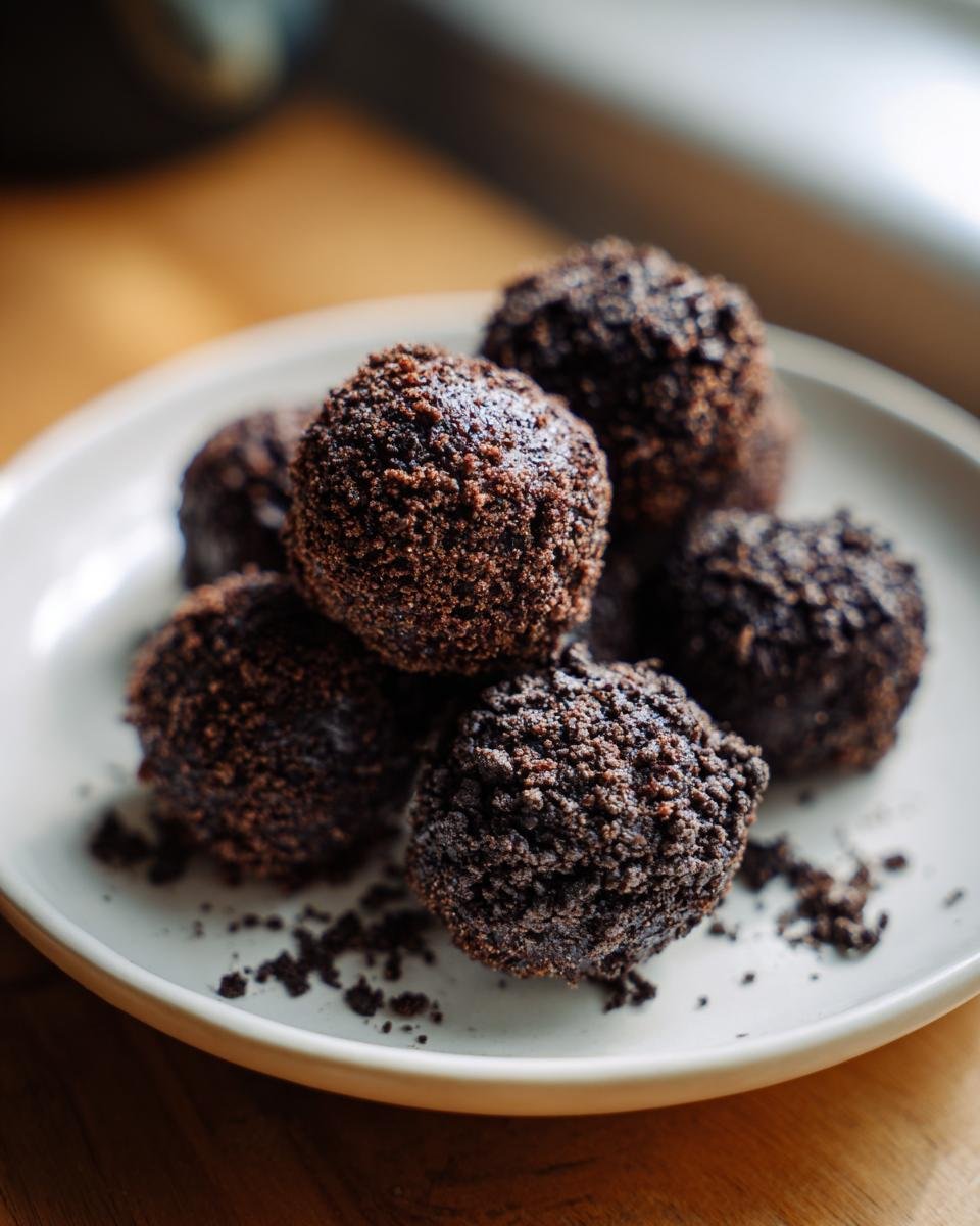 A plate of delicious Oreo-Frischkäse-Protein-Bällchen, ready to enjoy. Easy 15-minute recipe.