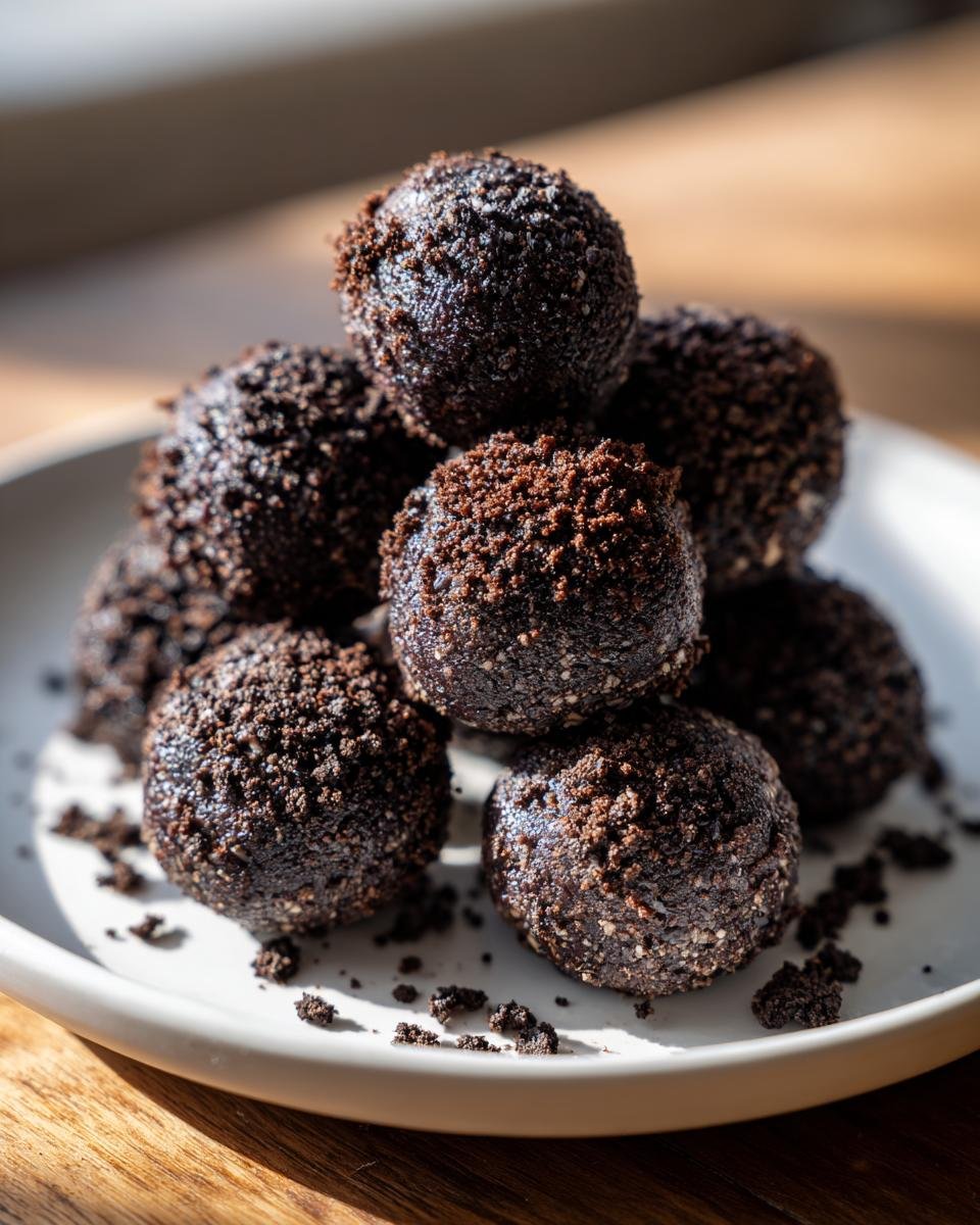 A stack of delicious Oreo-Frischkäse-Protein-Bällchen on a white plate, ready to enjoy.