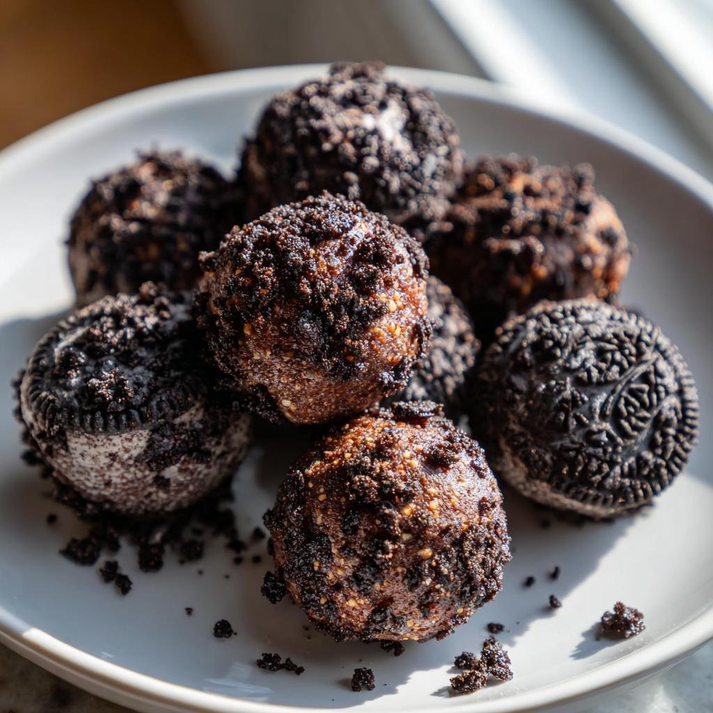Nahaufnahme von Oreo-Frischkäse-Protein-Bällchen auf einem Teller, bestreut mit Oreo-Krümeln.