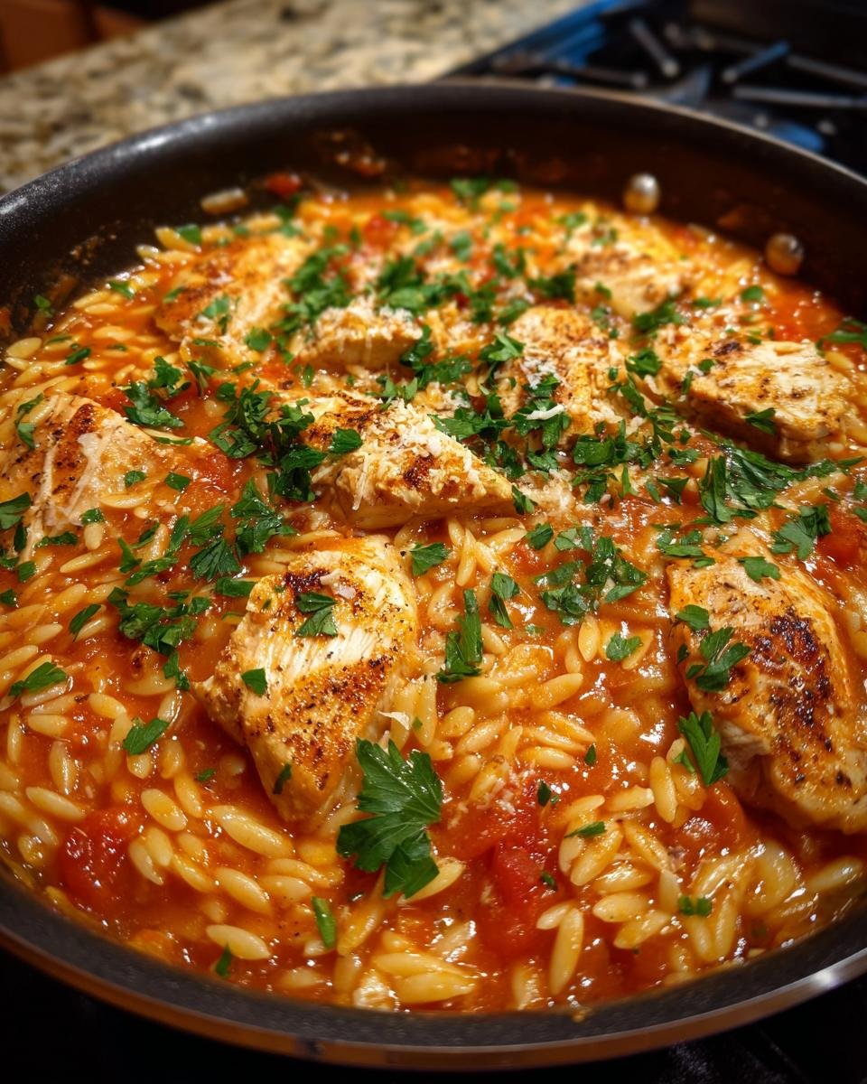 Close-up of Orzo-Pfanne mit Hähnchen in a pan, garnished with parsley and parmesan cheese.