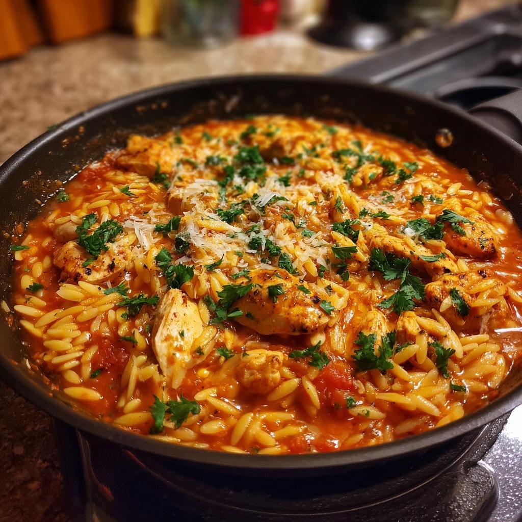 Close-up of Orzo-Pfanne mit Hähnchen, featuring orzo pasta, chicken, tomato sauce, and parsley in a pan.