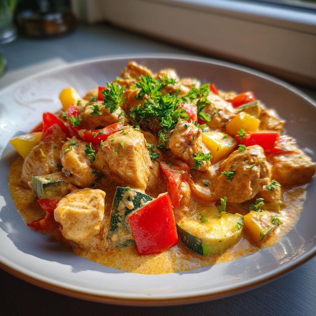 A plate of creamy Paprika-Zucchini-Sahne-Hähnchen, garnished with fresh parsley. Chicken, zucchini, and peppers in a cream sauce.