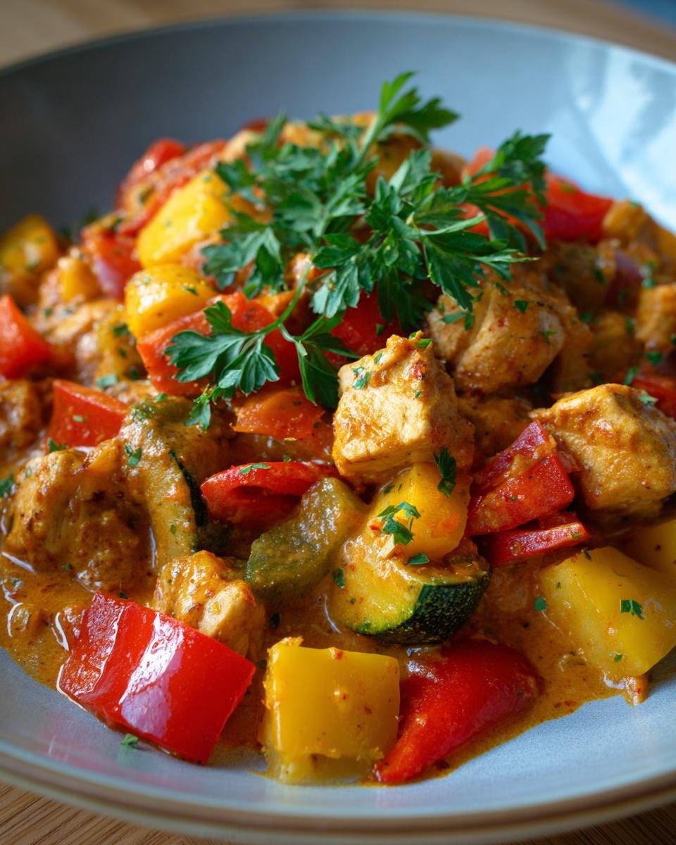 Close-up of Paprika-Zucchini-Sahne-Hähnchen, a creamy chicken dish with peppers and zucchini.
