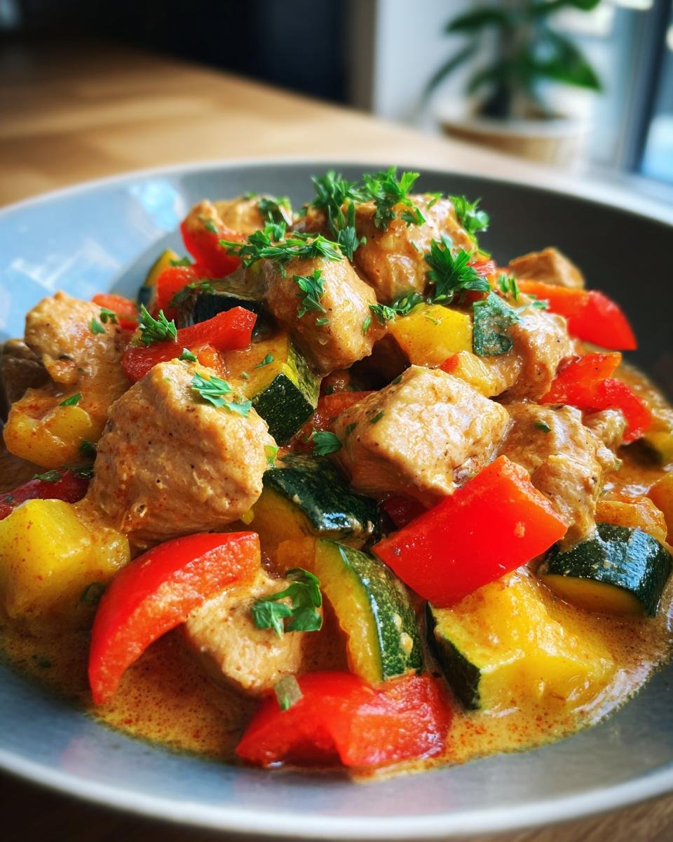 A vibrant plate of Paprika-Zucchini-Sahne-Hähnchen, featuring chicken, zucchini, and peppers in a creamy sauce.