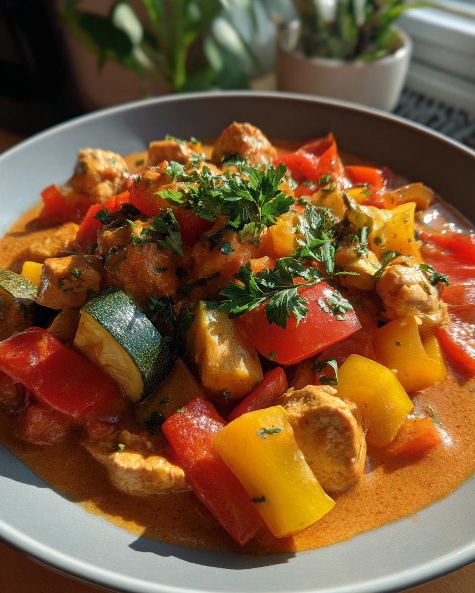 A bowl of creamy Paprika-Zucchini-Sahne-Hähnchen, featuring chicken, zucchini, and peppers in a paprika cream sauce.