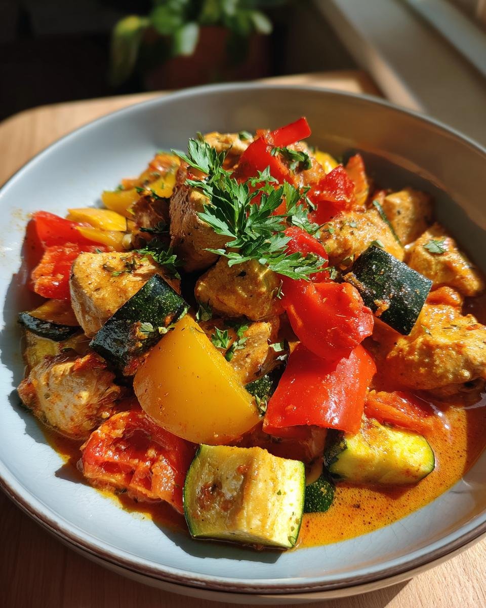 Close-up of Paprika-Zucchini-Sahne-Hähnchen dish in a bowl, garnished with fresh parsley.