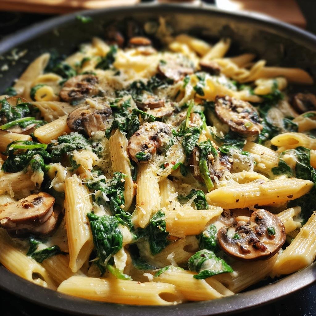 Overhead view of Parmesan Spinach Mushroom Pasta Skillet with penne, spinach, and mushrooms.
