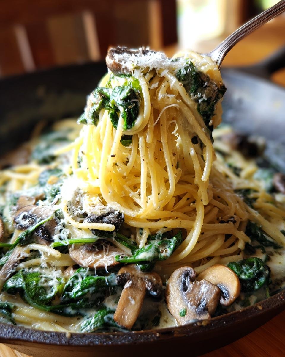 Fork lifting Parmesan Spinach Mushroom Pasta Skillet. Creamy pasta with spinach, mushrooms, and parmesan.
