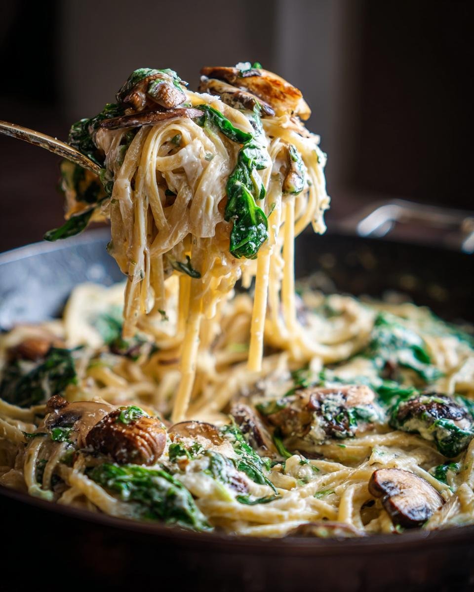 A forkful of creamy Parmesan Spinach Mushroom Pasta Skillet with spaghetti, spinach, and mushrooms.