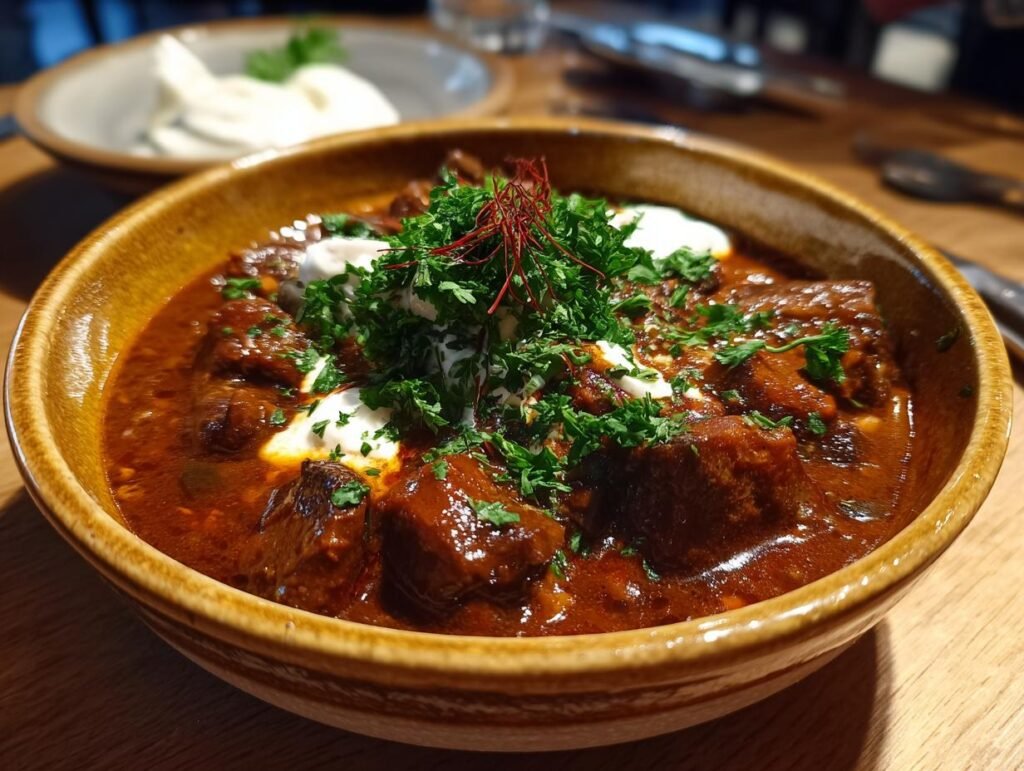 A bowl of delicious PILZGULASCH, topped with cream and fresh parsley. A comforting German dish.