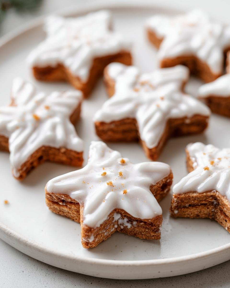 Close-up of Plätzchen: Weiche Zimtsterne cookies with white glaze and gold sprinkles on a white plate.