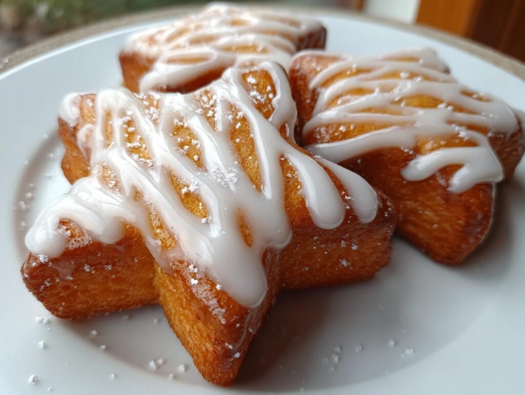 Three Plätzchen: Weiche Zimtsterne cookies decorated with white icing on a white plate.