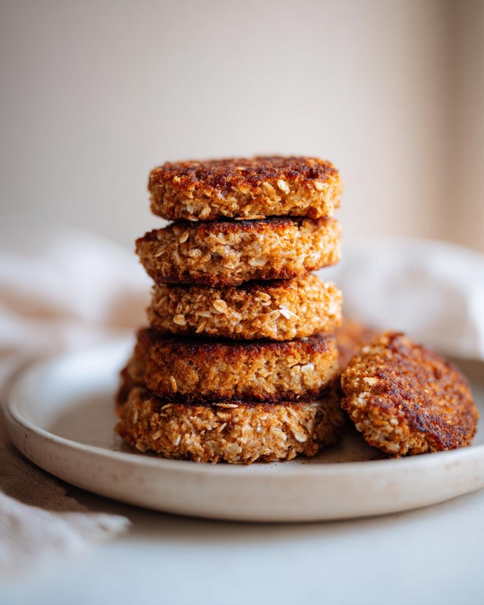 A stack of golden brown Power Quark-Taler mit Haferflocken (quark patties with oats) on a plate.