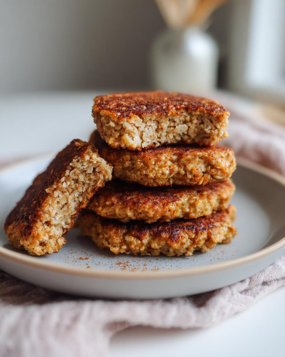 Stack of Power Quark-Taler mit Haferflocken on a plate, one with a bite taken out to show texture.