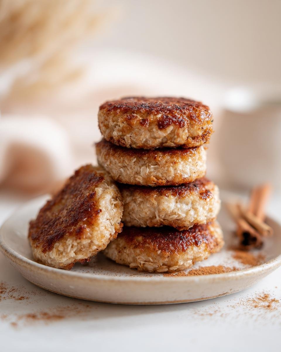 A stack of golden Power Quark-Taler mit Haferflocken (quark pancakes with oats) on a plate with cinnamon.