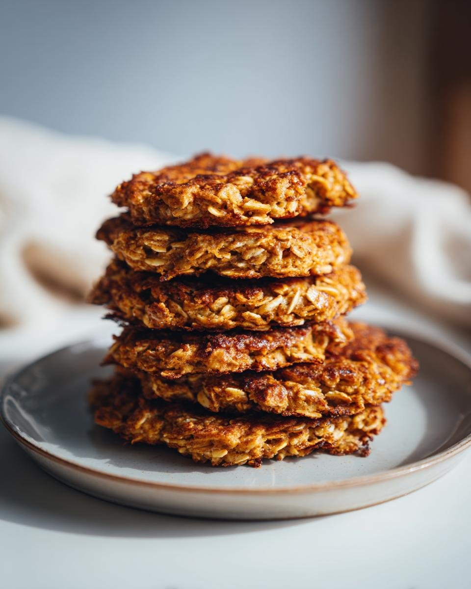 A stack of Power Quark-Taler mit Haferflocken on a plate, showcasing their texture and golden-brown color.