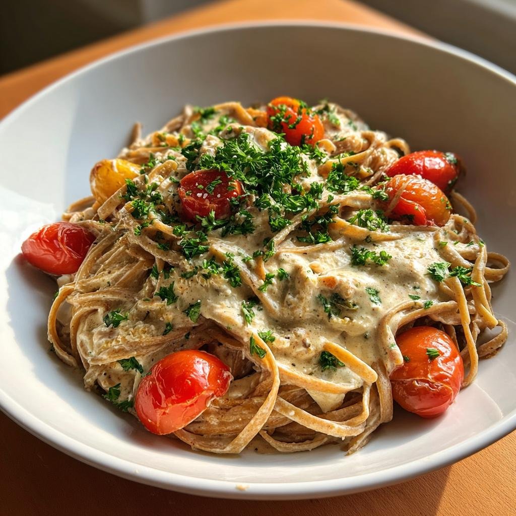 Delicious Protein Nudeln mit Hüttenkäse für Vegetarier, topped with fresh tomatoes and parsley.
